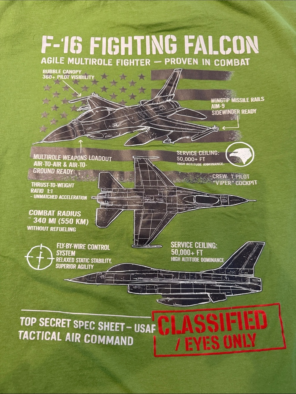 F-16 Fighting Falcon Graphic Tee - Green with White & Red Print Size XL